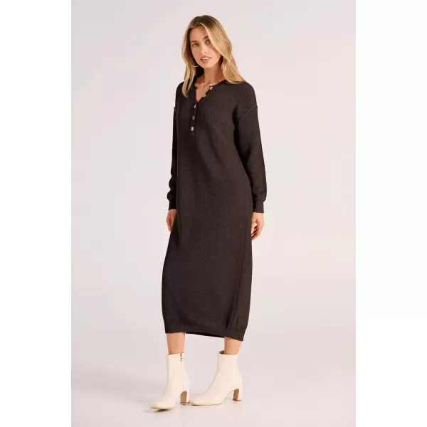 imagePRETTYGARDEN Womens 2024 Fall Knit Sweater Dress Long Sleeve Button V Neck Loose Casual Maxi DressesDark Brown