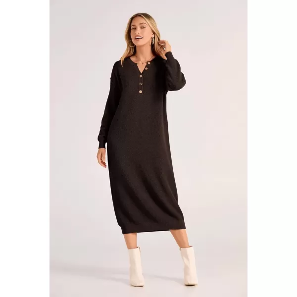 imagePRETTYGARDEN Womens 2024 Fall Knit Sweater Dress Long Sleeve Button V Neck Loose Casual Maxi DressesDark Brown