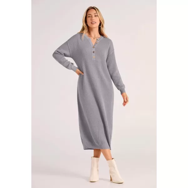 imagePRETTYGARDEN Womens 2024 Fall Knit Sweater Dress Long Sleeve Button V Neck Loose Casual Maxi DressesGrey