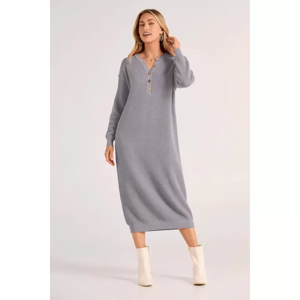 imagePRETTYGARDEN Womens 2024 Fall Knit Sweater Dress Long Sleeve Button V Neck Loose Casual Maxi DressesGrey