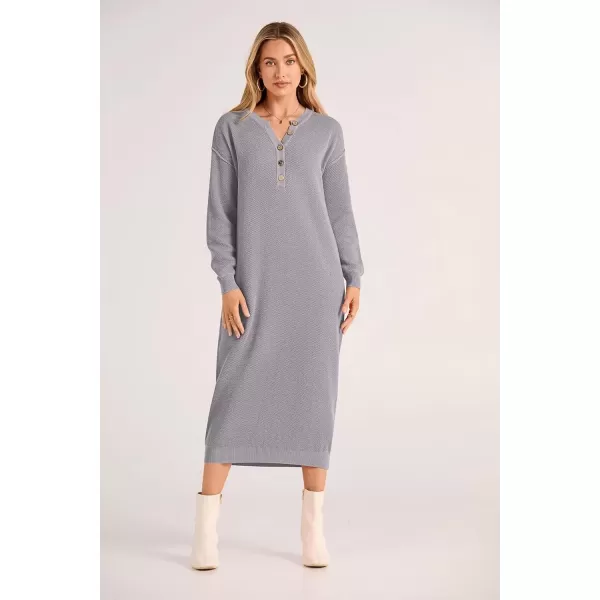 imagePRETTYGARDEN Womens 2024 Fall Knit Sweater Dress Long Sleeve Button V Neck Loose Casual Maxi DressesGrey