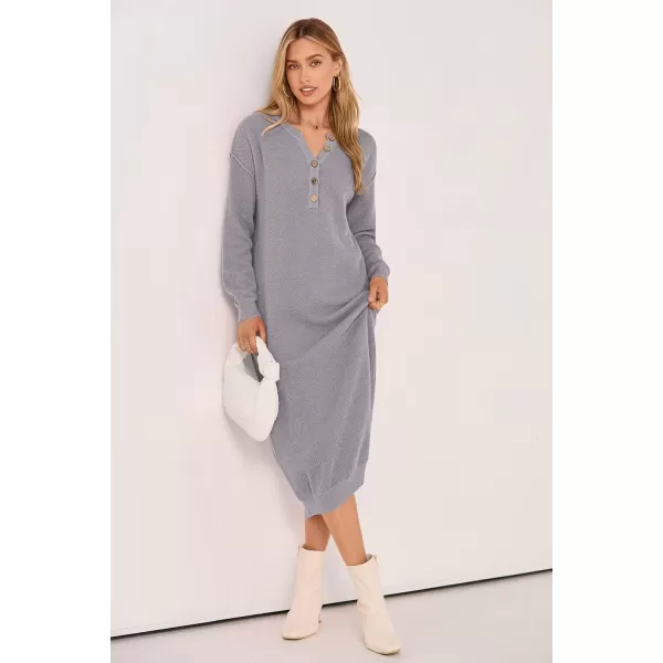 imagePRETTYGARDEN Womens 2024 Fall Knit Sweater Dress Long Sleeve Button V Neck Loose Casual Maxi DressesGrey