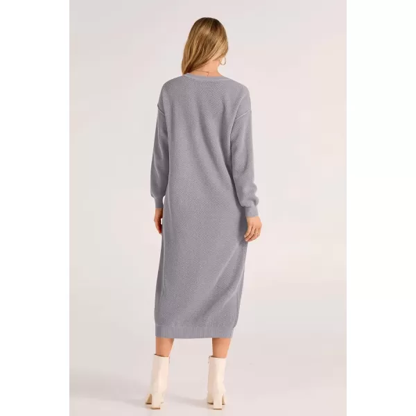 imagePRETTYGARDEN Womens 2024 Fall Knit Sweater Dress Long Sleeve Button V Neck Loose Casual Maxi DressesGrey