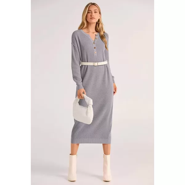 imagePRETTYGARDEN Womens 2024 Fall Knit Sweater Dress Long Sleeve Button V Neck Loose Casual Maxi DressesGrey