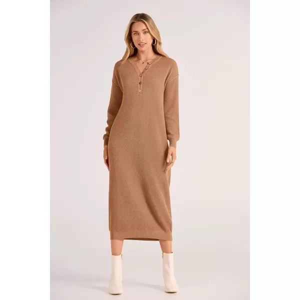 imagePRETTYGARDEN Womens 2024 Fall Knit Sweater Dress Long Sleeve Button V Neck Loose Casual Maxi DressesKhaki