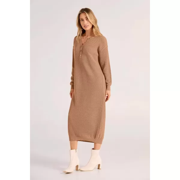 imagePRETTYGARDEN Womens 2024 Fall Knit Sweater Dress Long Sleeve Button V Neck Loose Casual Maxi DressesKhaki