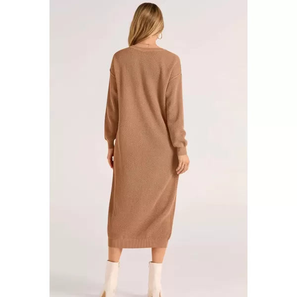 imagePRETTYGARDEN Womens 2024 Fall Knit Sweater Dress Long Sleeve Button V Neck Loose Casual Maxi DressesKhaki