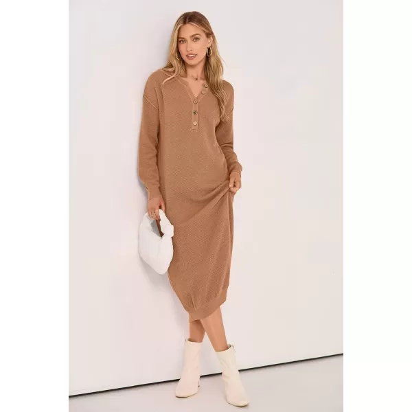 imagePRETTYGARDEN Womens 2024 Fall Knit Sweater Dress Long Sleeve Button V Neck Loose Casual Maxi DressesKhaki