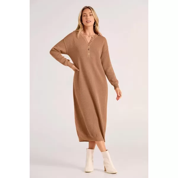 imagePRETTYGARDEN Womens 2024 Fall Knit Sweater Dress Long Sleeve Button V Neck Loose Casual Maxi DressesKhaki