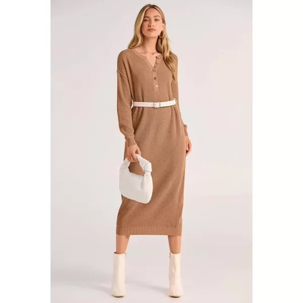 imagePRETTYGARDEN Womens 2024 Fall Knit Sweater Dress Long Sleeve Button V Neck Loose Casual Maxi DressesKhaki