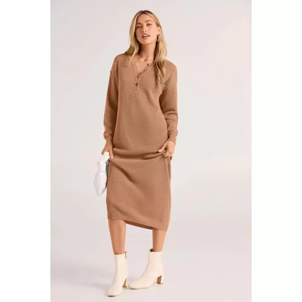 imagePRETTYGARDEN Womens 2024 Fall Knit Sweater Dress Long Sleeve Button V Neck Loose Casual Maxi DressesKhaki