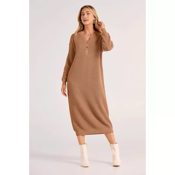 imagePRETTYGARDEN Womens 2024 Fall Knit Sweater Dress Long Sleeve Button V Neck Loose Casual Maxi DressesKhaki