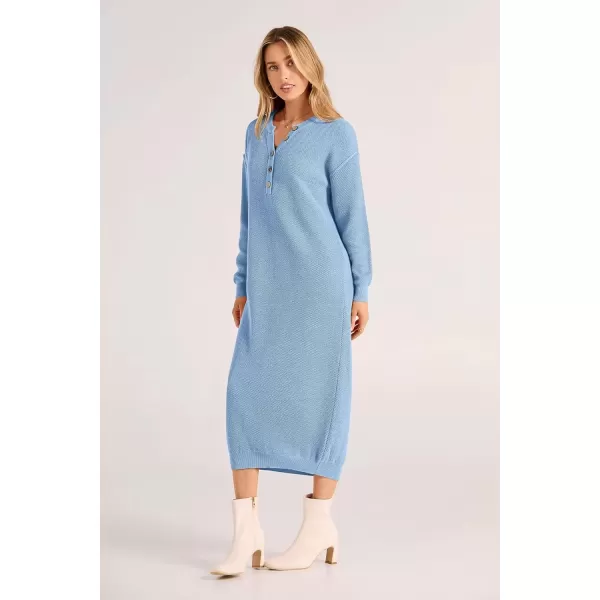imagePRETTYGARDEN Womens 2024 Fall Knit Sweater Dress Long Sleeve Button V Neck Loose Casual Maxi DressesLight Blue