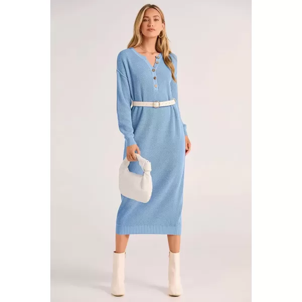 imagePRETTYGARDEN Womens 2024 Fall Knit Sweater Dress Long Sleeve Button V Neck Loose Casual Maxi DressesLight Blue