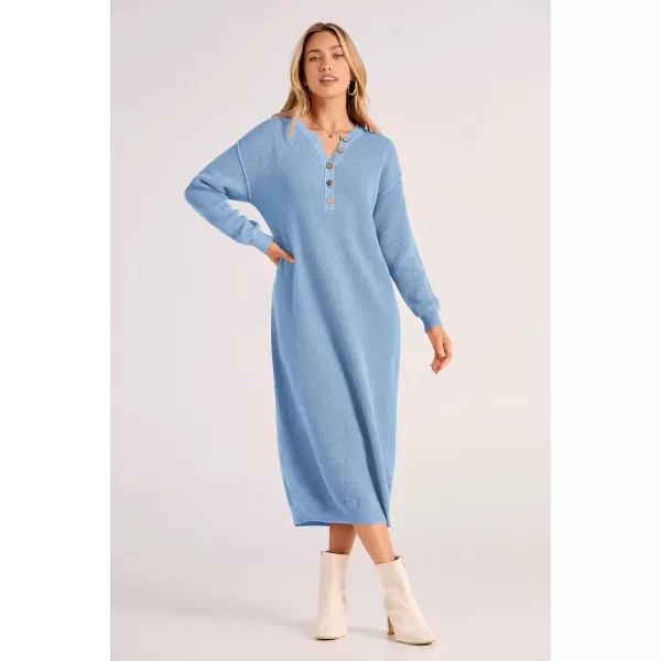 imagePRETTYGARDEN Womens 2024 Fall Knit Sweater Dress Long Sleeve Button V Neck Loose Casual Maxi DressesLight Blue