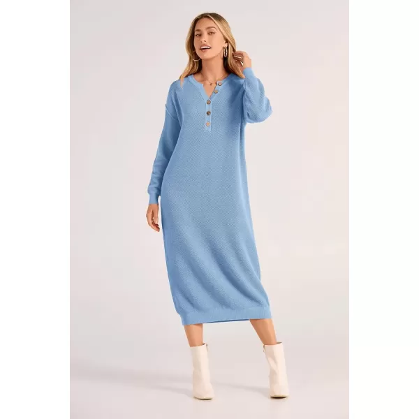 imagePRETTYGARDEN Womens 2024 Fall Knit Sweater Dress Long Sleeve Button V Neck Loose Casual Maxi DressesLight Blue