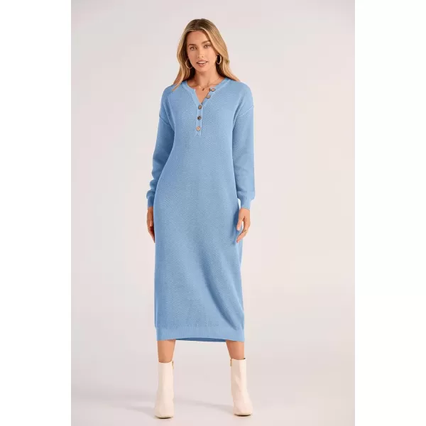 imagePRETTYGARDEN Womens 2024 Fall Knit Sweater Dress Long Sleeve Button V Neck Loose Casual Maxi DressesLight Blue