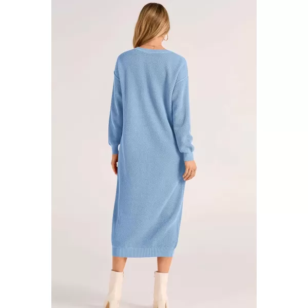 imagePRETTYGARDEN Womens 2024 Fall Knit Sweater Dress Long Sleeve Button V Neck Loose Casual Maxi DressesLight Blue