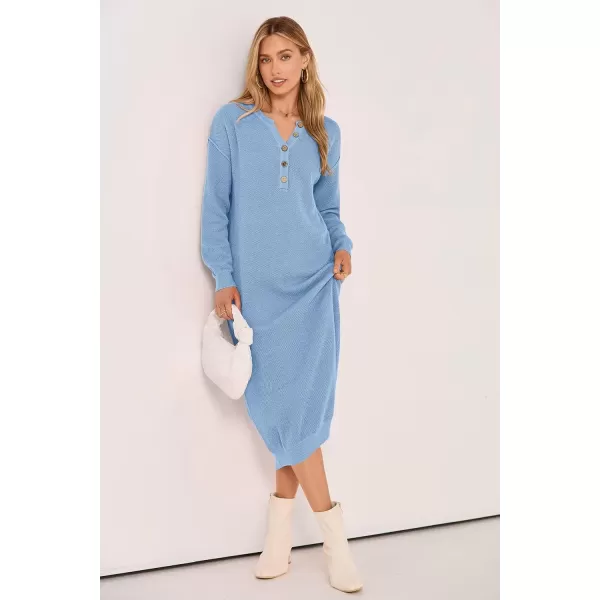 imagePRETTYGARDEN Womens 2024 Fall Knit Sweater Dress Long Sleeve Button V Neck Loose Casual Maxi DressesLight Blue