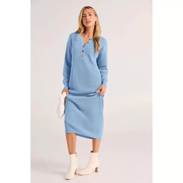 imagePRETTYGARDEN Womens 2024 Fall Knit Sweater Dress Long Sleeve Button V Neck Loose Casual Maxi DressesLight Blue