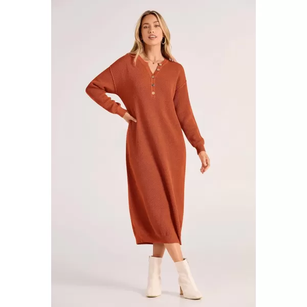 imagePRETTYGARDEN Womens 2024 Fall Knit Sweater Dress Long Sleeve Button V Neck Loose Casual Maxi DressesOrange