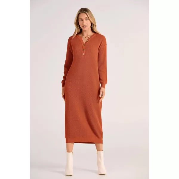 imagePRETTYGARDEN Womens 2024 Fall Knit Sweater Dress Long Sleeve Button V Neck Loose Casual Maxi DressesOrange