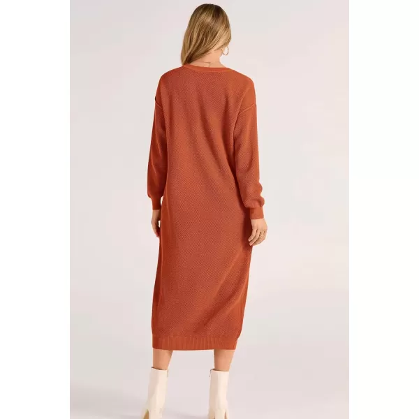 imagePRETTYGARDEN Womens 2024 Fall Knit Sweater Dress Long Sleeve Button V Neck Loose Casual Maxi DressesOrange