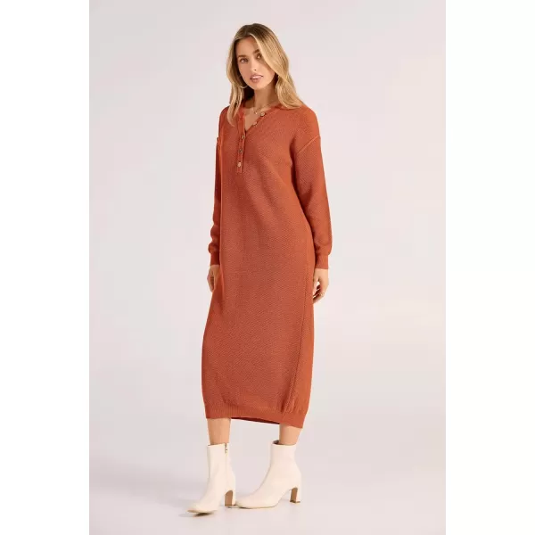 imagePRETTYGARDEN Womens 2024 Fall Knit Sweater Dress Long Sleeve Button V Neck Loose Casual Maxi DressesOrange