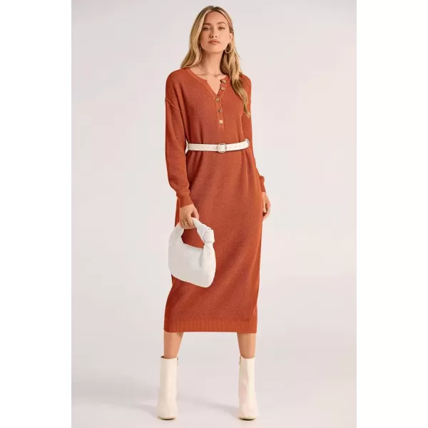 imagePRETTYGARDEN Womens 2024 Fall Knit Sweater Dress Long Sleeve Button V Neck Loose Casual Maxi DressesOrange