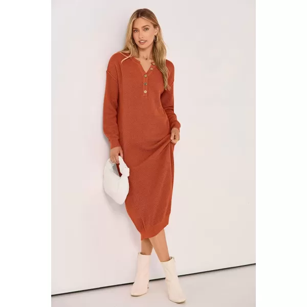 imagePRETTYGARDEN Womens 2024 Fall Knit Sweater Dress Long Sleeve Button V Neck Loose Casual Maxi DressesOrange