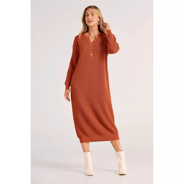 imagePRETTYGARDEN Womens 2024 Fall Knit Sweater Dress Long Sleeve Button V Neck Loose Casual Maxi DressesOrange