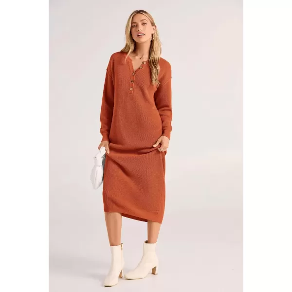 imagePRETTYGARDEN Womens 2024 Fall Knit Sweater Dress Long Sleeve Button V Neck Loose Casual Maxi DressesOrange