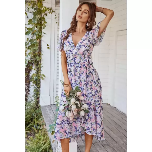 imagePRETTYGARDEN Womens 2024 Floral Boho Dress Wrap V Neck Short Sleeve Belted Ruffle Hem ALine Flowy Maxi DressesApricot Floral