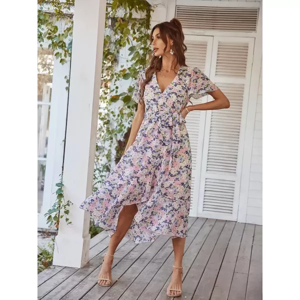 imagePRETTYGARDEN Womens 2024 Floral Boho Dress Wrap V Neck Short Sleeve Belted Ruffle Hem ALine Flowy Maxi DressesApricot Floral
