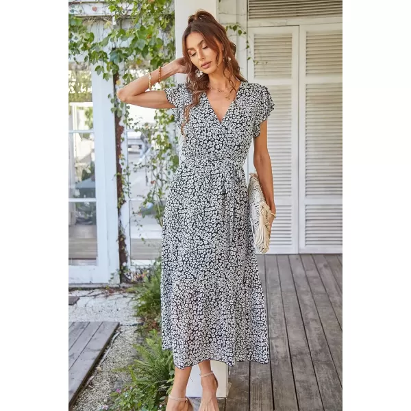 imagePRETTYGARDEN Womens 2024 Floral Boho Dress Wrap V Neck Short Sleeve Belted Ruffle Hem ALine Flowy Maxi DressesBlack