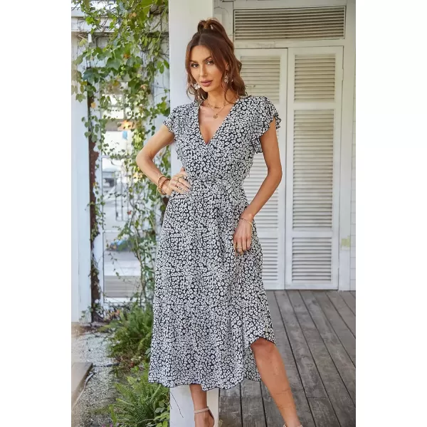 imagePRETTYGARDEN Womens 2024 Floral Boho Dress Wrap V Neck Short Sleeve Belted Ruffle Hem ALine Flowy Maxi DressesBlack