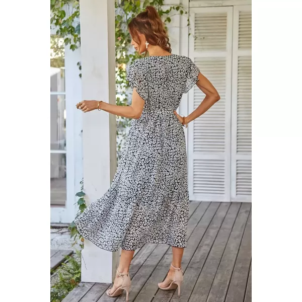 imagePRETTYGARDEN Womens 2024 Floral Boho Dress Wrap V Neck Short Sleeve Belted Ruffle Hem ALine Flowy Maxi DressesBlack