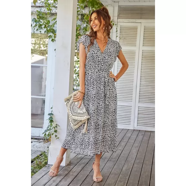 imagePRETTYGARDEN Womens 2024 Floral Boho Dress Wrap V Neck Short Sleeve Belted Ruffle Hem ALine Flowy Maxi DressesBlack