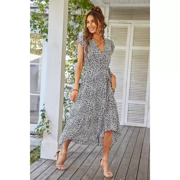 imagePRETTYGARDEN Womens 2024 Floral Boho Dress Wrap V Neck Short Sleeve Belted Ruffle Hem ALine Flowy Maxi DressesBlack
