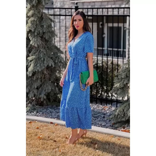 imagePRETTYGARDEN Womens 2024 Floral Boho Dress Wrap V Neck Short Sleeve Belted Ruffle Hem ALine Flowy Maxi DressesBlue Floral