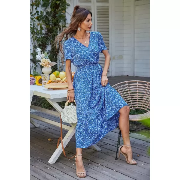 imagePRETTYGARDEN Womens 2024 Floral Boho Dress Wrap V Neck Short Sleeve Belted Ruffle Hem ALine Flowy Maxi DressesBlue Floral