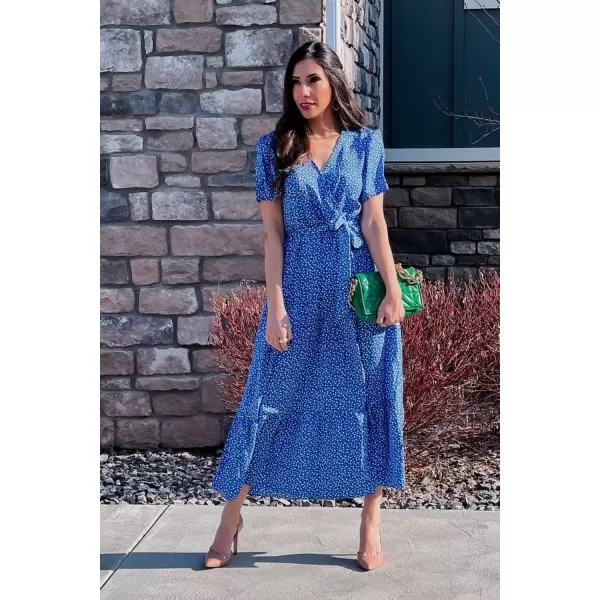 imagePRETTYGARDEN Womens 2024 Floral Boho Dress Wrap V Neck Short Sleeve Belted Ruffle Hem ALine Flowy Maxi DressesBlue Floral