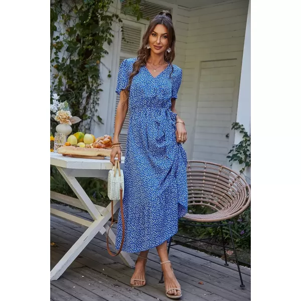 imagePRETTYGARDEN Womens 2024 Floral Boho Dress Wrap V Neck Short Sleeve Belted Ruffle Hem ALine Flowy Maxi DressesBlue Floral