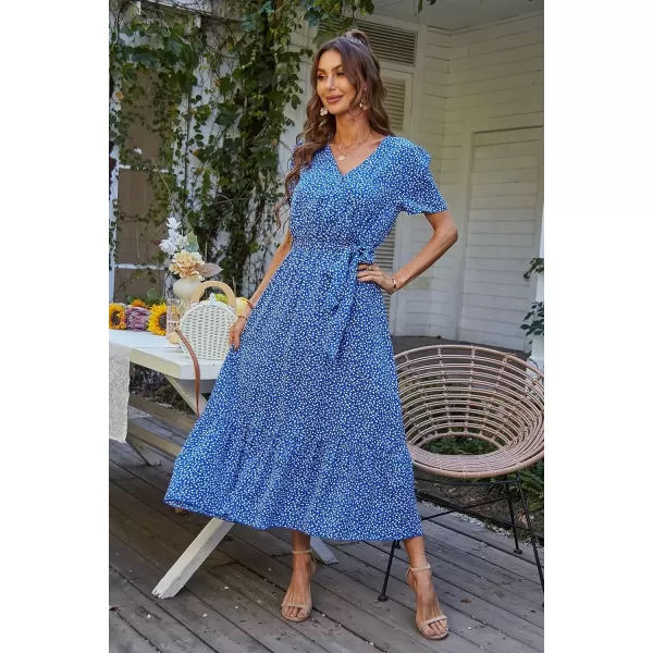 imagePRETTYGARDEN Womens 2024 Floral Boho Dress Wrap V Neck Short Sleeve Belted Ruffle Hem ALine Flowy Maxi DressesBlue Floral