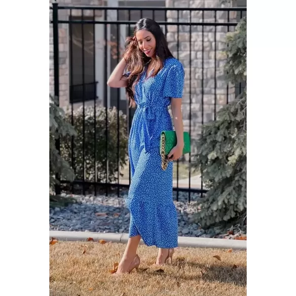 imagePRETTYGARDEN Womens 2024 Floral Boho Dress Wrap V Neck Short Sleeve Belted Ruffle Hem ALine Flowy Maxi DressesBlue Floral