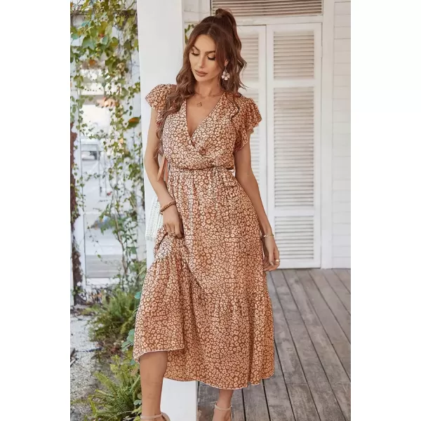 imagePRETTYGARDEN Womens 2024 Floral Boho Dress Wrap V Neck Short Sleeve Belted Ruffle Hem ALine Flowy Maxi DressesCoffee