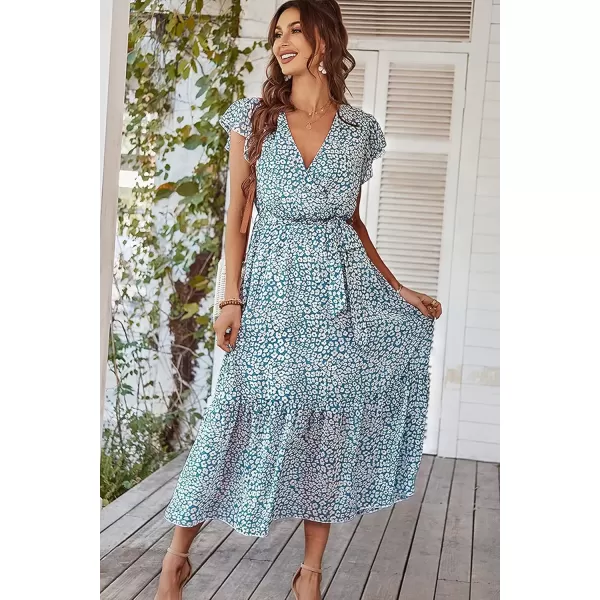 imagePRETTYGARDEN Womens 2024 Floral Boho Dress Wrap V Neck Short Sleeve Belted Ruffle Hem ALine Flowy Maxi DressesDark Blue