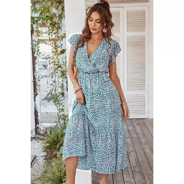 imagePRETTYGARDEN Womens 2024 Floral Boho Dress Wrap V Neck Short Sleeve Belted Ruffle Hem ALine Flowy Maxi DressesDark Blue
