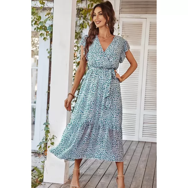 imagePRETTYGARDEN Womens 2024 Floral Boho Dress Wrap V Neck Short Sleeve Belted Ruffle Hem ALine Flowy Maxi DressesDark Blue
