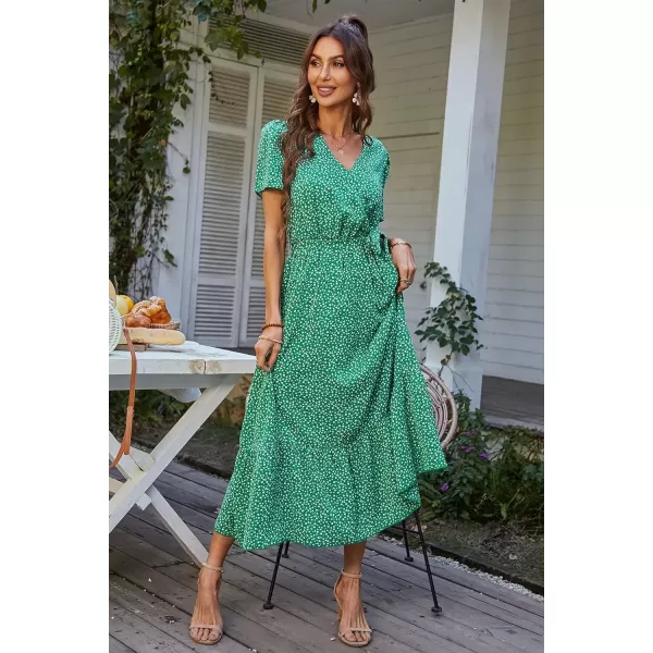 imagePRETTYGARDEN Womens 2024 Floral Boho Dress Wrap V Neck Short Sleeve Belted Ruffle Hem ALine Flowy Maxi DressesGreen Floral